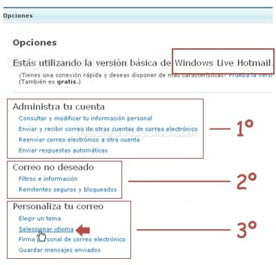 Cambiar la configuración de idioma en Windows Live Hotmail 1