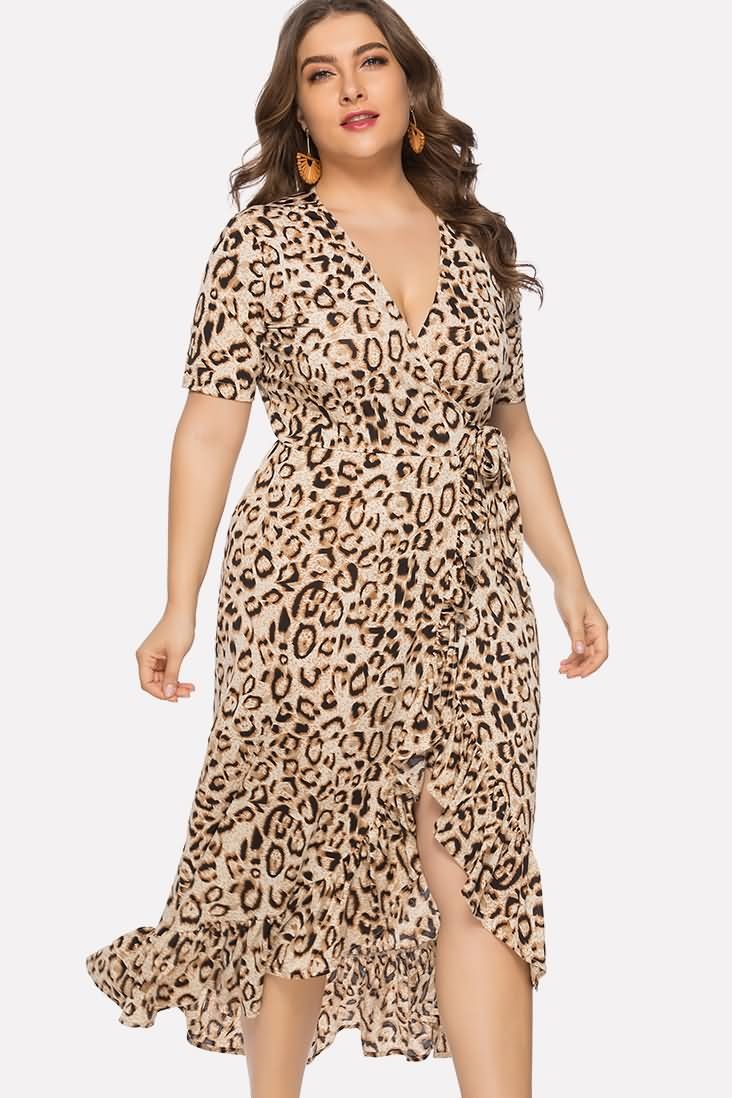 Leopard Ruffles Wrap Overlap Casual Plus Size Dress